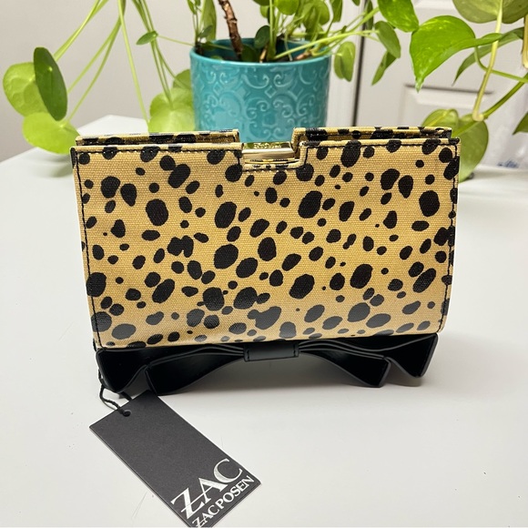 ZAC POSEN “Milla” Small Frame Animal Print Coated Clutch with Bow Accent Bottom - Picture 4 of 14